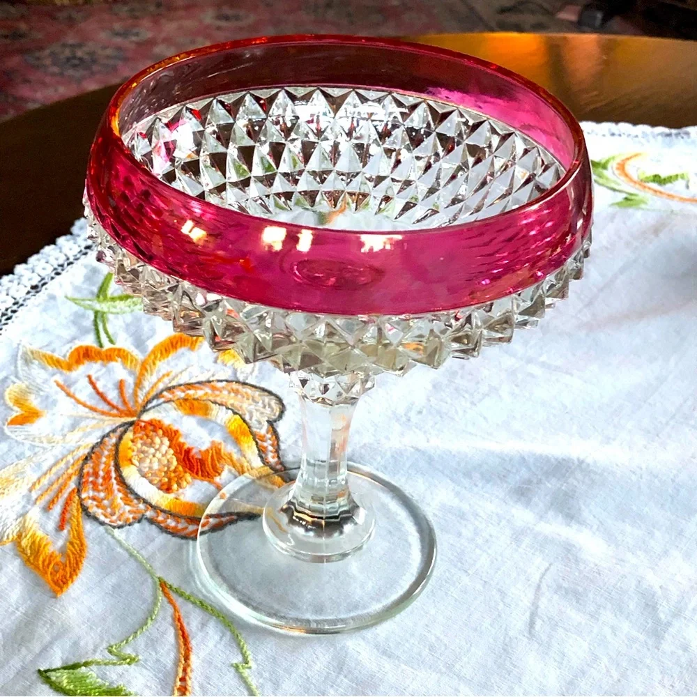Vintage Indiana Glass Diamond Cut Pedestal Compote Dish. Ruby Flashing. 7.5